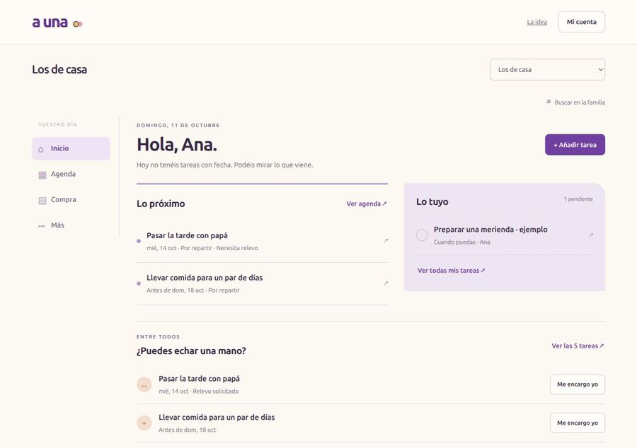 Pantalla de inicio con lo próximo y las tareas que necesitan una mano